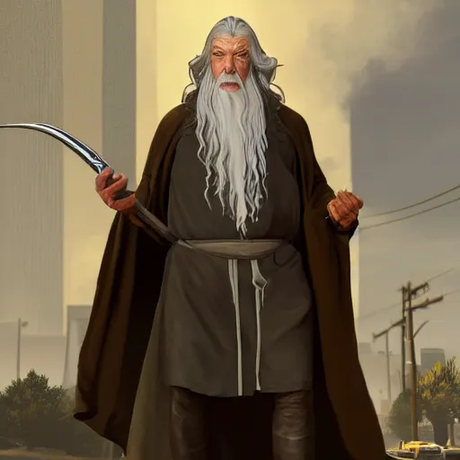 Image similar to Gandalf in GTA V, cover art by Stephen Bliss, artstation