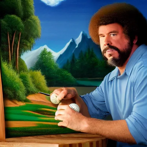 Image similar to a closeup photorealistic photograph of bob ross crafting an image of kenny powers baseball, a depiction on a canvas. mountains and trees. film still. brightly lit scene. this 4 k hd image is trending on artstation, featured on behance, well - rendered, extra crisp, features intricate detail, epic composition and the style of unreal engine.