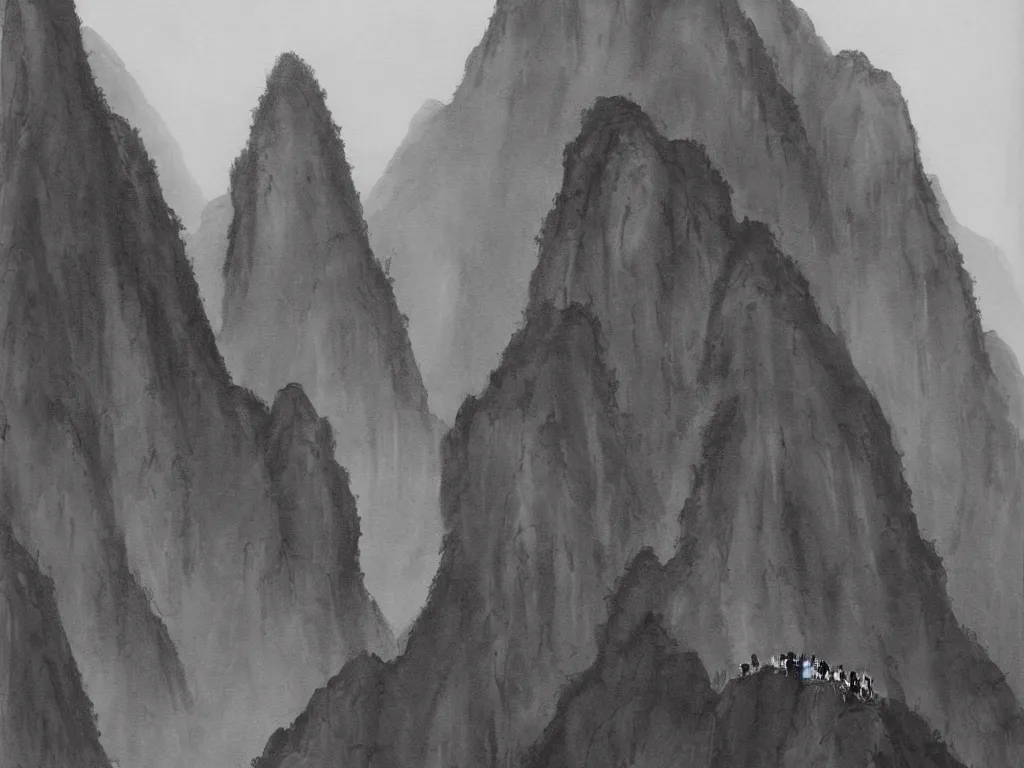 Prompt: a beautiful black watercolor painting of the mountainous landscape of huangshan with a buddisht temple on the hilltop on a rainy day, with monks walking up staircases.
