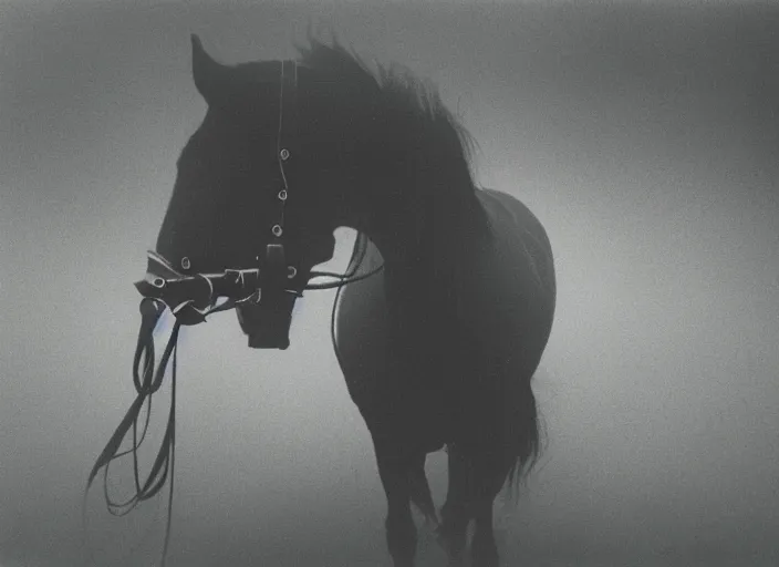 Image similar to an underexposed kodak 500 photograph of a horse with an insect head in the mist, muted color