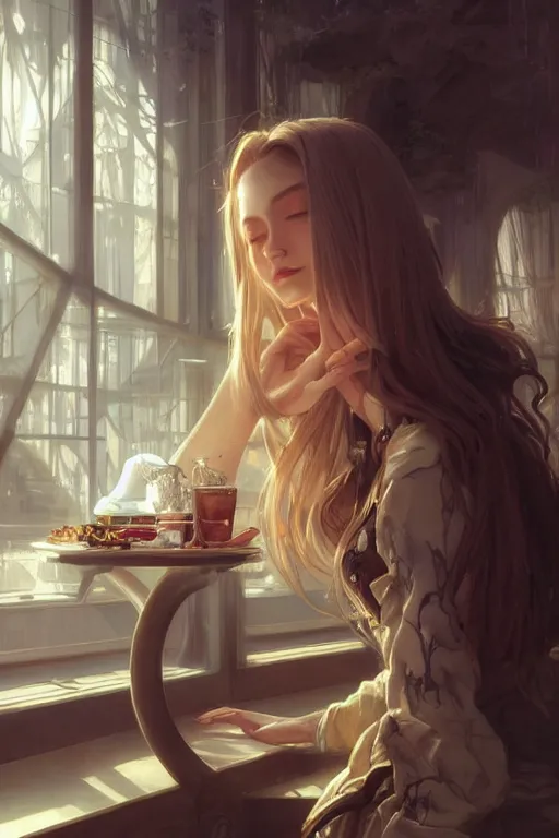 Image similar to an attractive serene cute android in a cafe, partially human , partially biomedical design , natural atmosphere, great high details, highly reaslitic, cinematic lighting, intricate, elegant, super highly detailed, art station, concept arD, beautiful, delicate, art by artgerm and greg rutkowski and alphonse mucha and loish and WLOP