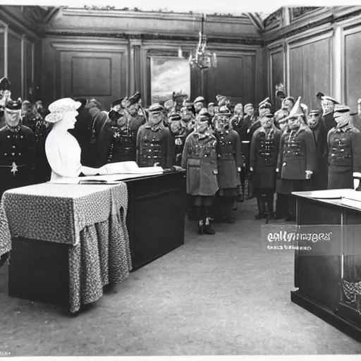 Prompt: ultra wide 1 9 4 6 historical photo 1 3 5 mm of a single german general signing a peace treaty, a young queen elizabeth holds a corgi and watches the general sign the treaty, french village interior, highly detailed, sharp focus