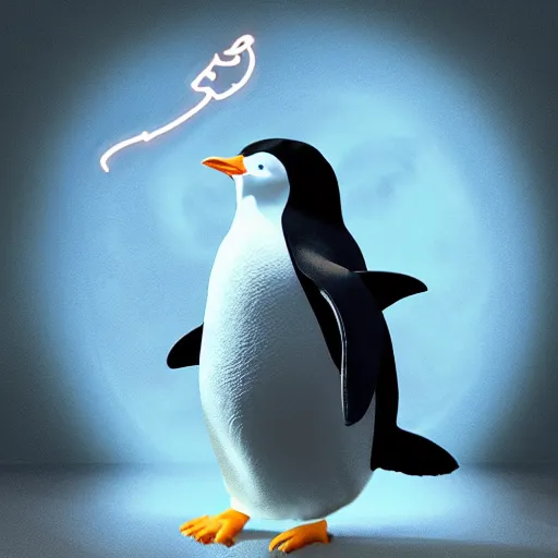 Image similar to a wizard penguin casting a spell, digital art, cinematic lighting