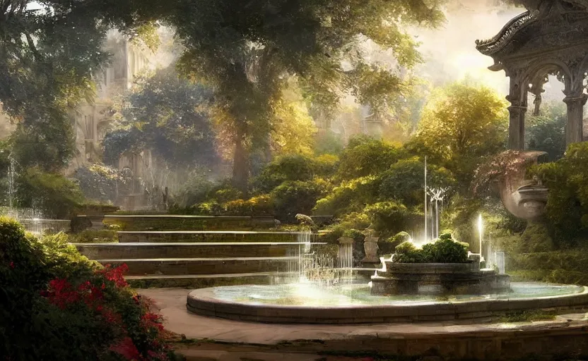 Image similar to Beautiful garden, next to a fountain and a mystical palace, intricate, elegant, volumetric lighting, digital painting, highly detailed, artstation, sharp focus, illustration, concept art, ruan jia, steve mccurry