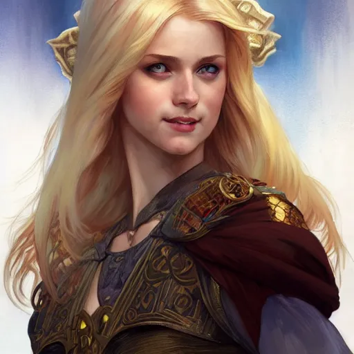 Image similar to an epic fantasy comic book style portrait painting of a young blonde girl thief, d & d, fantasy, joyful smirk, intricate, elegant, highly detailed, digital painting, artstation, concept art, matte, sharp focus, illustration, art by artgerm and greg rutkowski and alphonse mucha