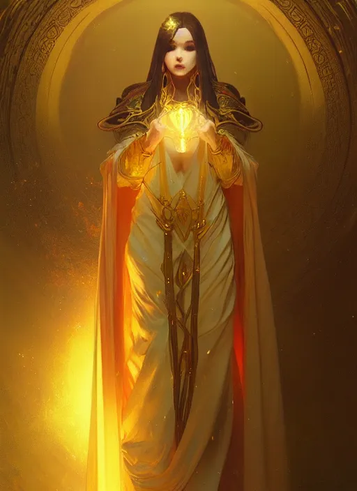 Prompt: a well endowed mage wearing gold robes, intricate concept art, ethereal, enchanted, ominous, dramatic lighting, illuminated lines, dark background, 8 k, by ruan jia and krenz cushart and alphonse mucha