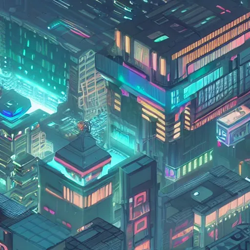 Prompt: wide angle isometric futuristic city at night bladerunner unreal engine zoomed out