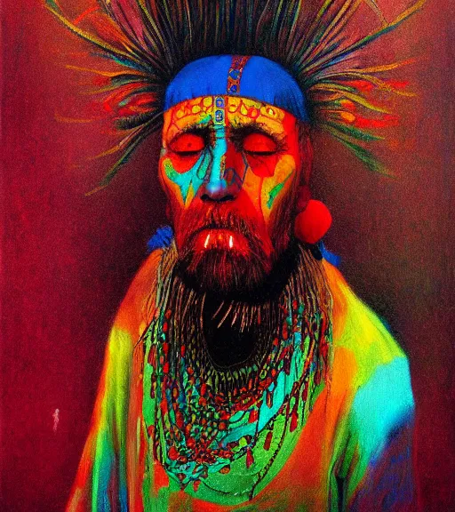 Image similar to Portrait painting in a style of Beksinski of an old shaman dressed in a colorful traditional clothes.