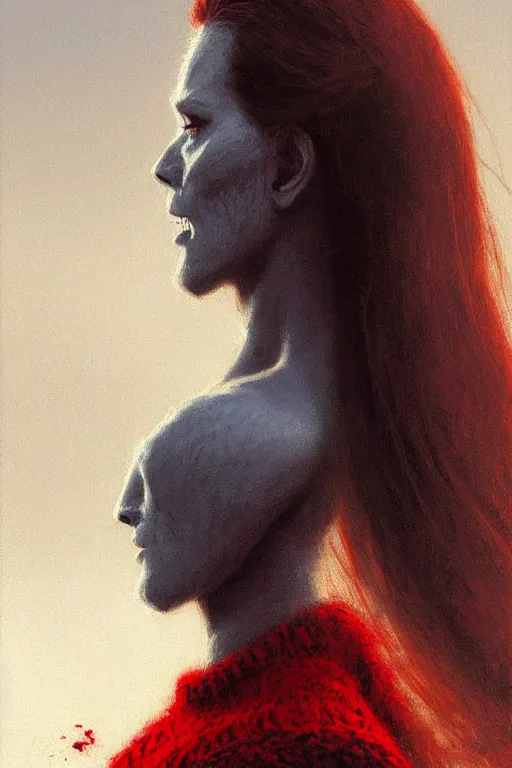 Prompt: extremely detailed painting of a beautiful vampire with red eyes and long red hair in a ponytail, in a white woollen turtleneck dress, looking at a small fat blue shin - godzilla, painting by gaston bussiere, craig mullins, greg rutkowski,