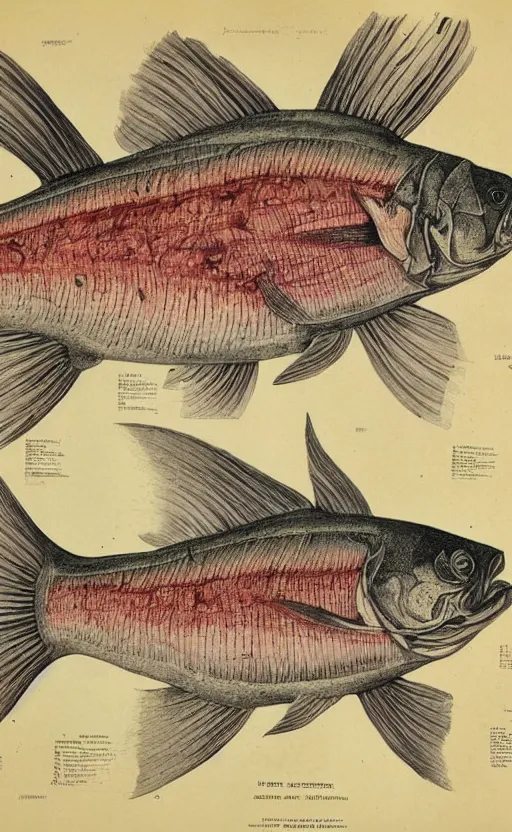 Image similar to a page of fish anatomy atlas, 1 9 0 0 s, highly detailed