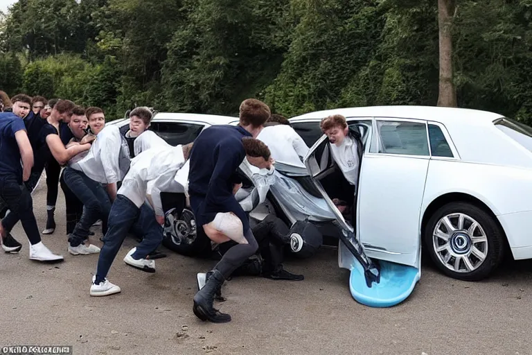 Image similar to A group of teenagers are behind a Rolls-Royce holding him by the boot and pushing him into a white lake from a small slide