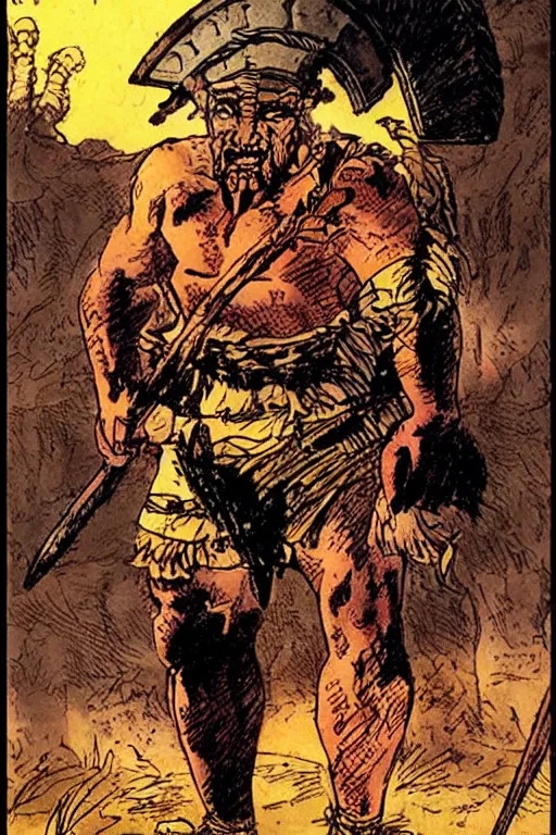 Image similar to ancient historically accurate depiction of the Bible Character Goliath of Gath, the Philistine warrior giant by frank miller