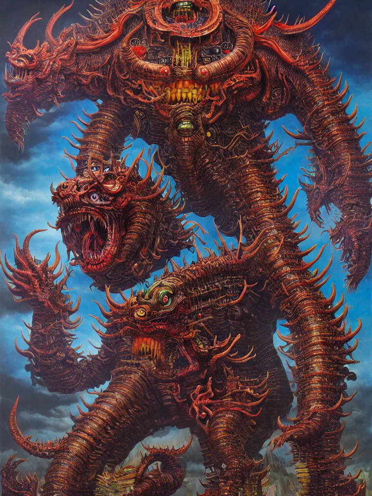 Image similar to realistic detailed image of Technological Nightmare Abomination Monster God by Hou Yimin, Dan Howard, Allan Houser, Alice Hunt and Peter Hurd, Neo-Pagan, rich deep colors. Painting by Byun Shi Ji and Jiang Feng masterpiece