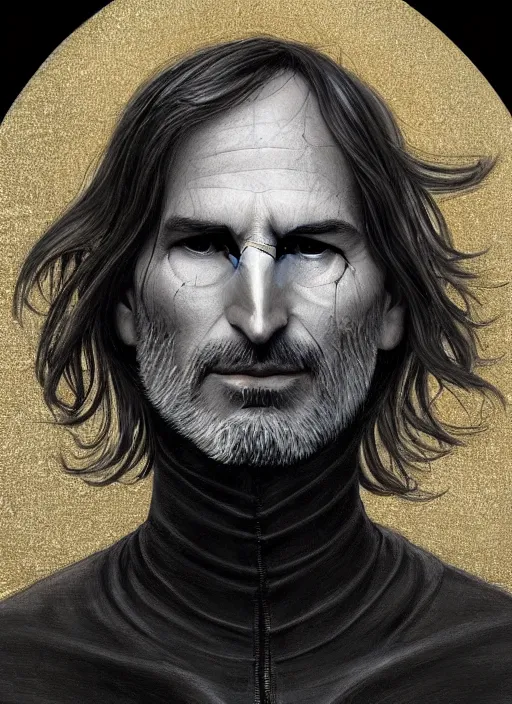 Prompt: portrait of steve jobs, white glowing eyes, silver shaggy hair, cloak, ethereal wings, male, fantasy, extremely detailed, digital painting, artstation, concept art, smooth, sharp focus, illustration, stunning lighting, art by artgerm and alphonse mucha and simon stalenhag, realistic character concept, high fantasy, light atmosphere, golden ratio, cinematic lighting