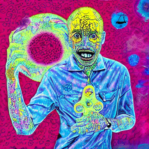 Image similar to man with a tab of lsd on his tounge, digital art by mad dog jones