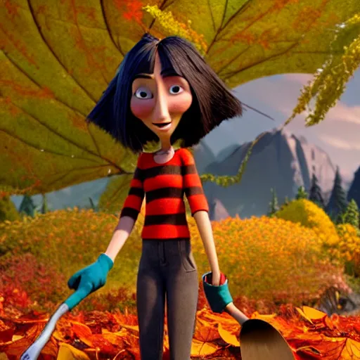 Prompt: a stopmotion animation character, a beautiful canadian woman, gardening, very attractive, some dark grey hair, stripey pants, canadian maple leaves, mountains, autumn, unreal engine 5, 8 k, kubo and the two strings, jan svankmayer, disney, pixar,