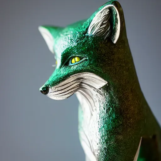 Prompt: Portrait photography of a cinematic Emerald fox sculpture