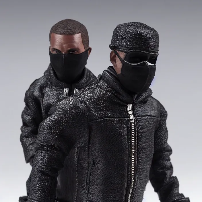 Prompt: kanye west using a face covering black mask with small holes, a black shirt, a black overinflated puffer jacket and black rubber boots, a hot toys figure of kanye west using a black mask with small holes, a black shirt, a black undersize hoodie and black rubber boots, figurine, detailed product photo