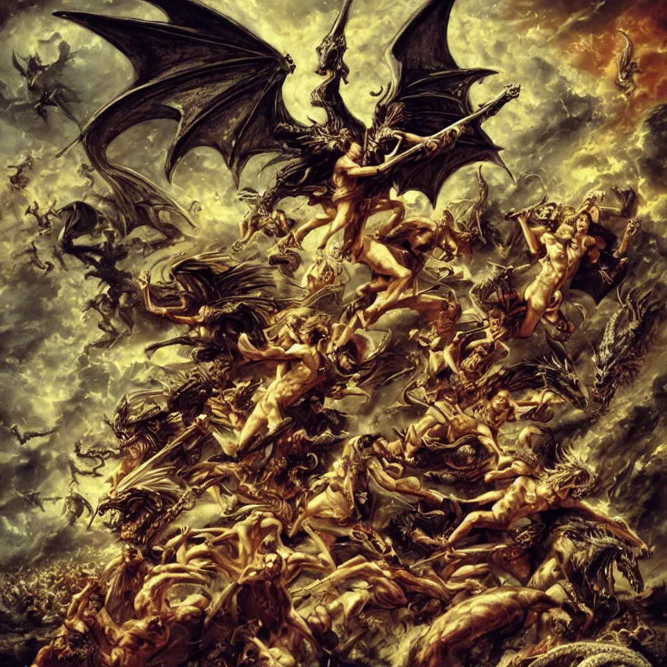 Prompt: There was war in heaven, Michael and his angels fought against the dragon, and the dragon fought and his angels, and prevailed not, neither was their place found any more in heaven. And the great dragon was cast out, that old serpent, called the Devil, and Satan, which deceived the whole world, he was cast out into the earth, and his angels were cast out with him. Ukiyo-e.