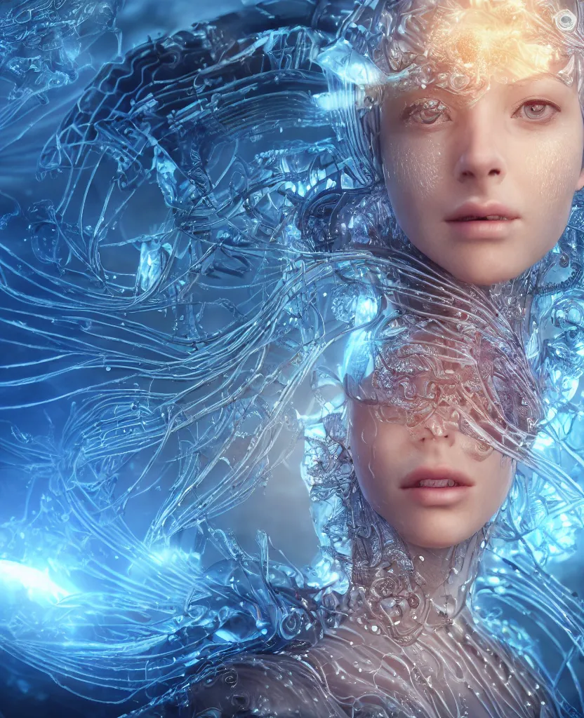 Image similar to epic futuristic ancient close-up macro portrait of the face of a beautiful princess, epic angle and pose, symmetrical artwork, 3d with depth of field, blurred background, cybernetic jellyfish crystal, obsidian, female face skull phoenix bird, translucent, nautilus, energy flows of water and fire. a highly detailed epic cinematic concept art CG render. made in Maya, Blender and Photoshop, octane render, excellent composition, cinematic dystopian brutalist atmosphere, dynamic dramatic cinematic lighting, aesthetic, very inspirational, arthouse. y Greg Rutkowski, Ilya Kuvshinov, WLOP, Stanley Artgerm Lau, Ruan Jia and Fenghua Zhong