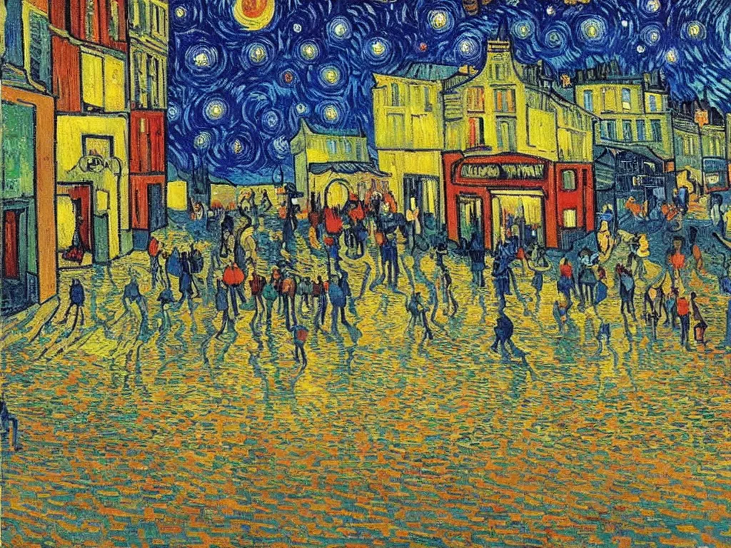 Image similar to bright beautiful oil painting of spaceship abducting people from arles france, light scatter, van gogh