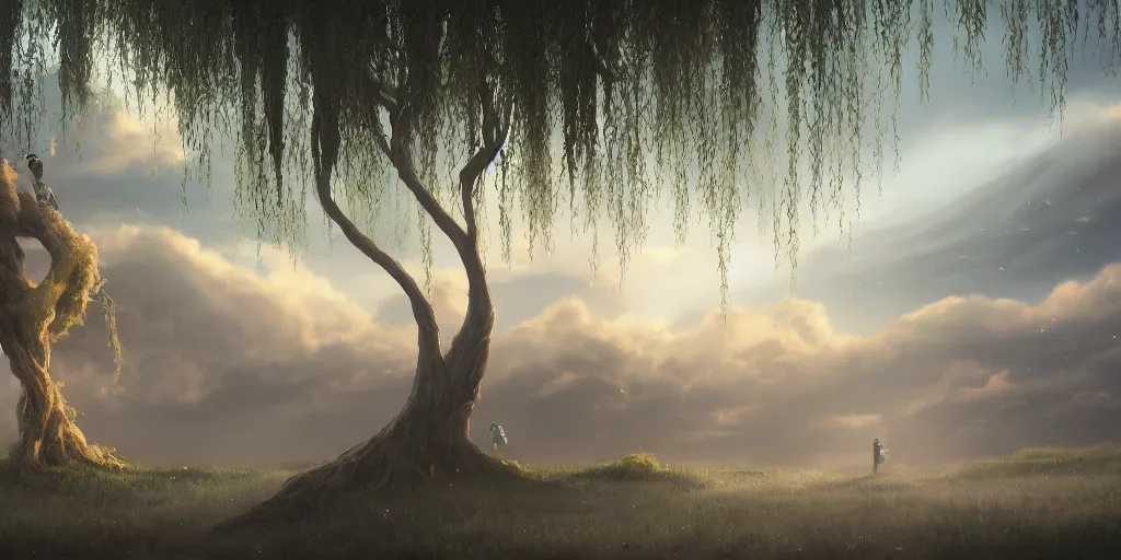 Prompt: willow tree, matte oil painting, highly detailed, hyperrealistic, cinematic, breathtaking, beautiful composition, Studio Ghibli, Dan Mumford, James Jean, volumetric lighting, octane render, trending on artstation