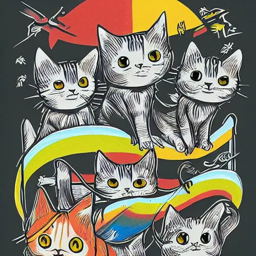 Image similar to mcbess illustration of a little harry potter cats, rainbow gouache