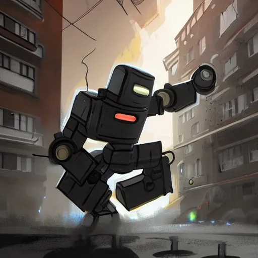 Image similar to a menacing robot furiously punching a building, concept art, highlt detailed