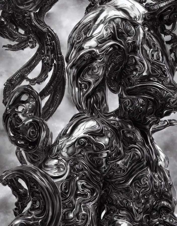 Prompt: engineer prometheus, xenomorph alien, highly detailed, symmetrical long head, smooth marble surfaces, detailed ink illustration, raiden metal gear, cinematic smooth stone, deep aesthetic, concept art, post process, 4k, carved marble texture and silk cloth, latex skin, highly ornate intricate details, prometheus, evil, moody lighting, hr geiger, hayao miyazaki, indsutrial Steampunk