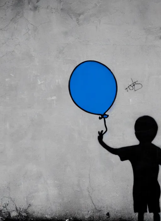 Prompt: a side profile of a black and white graffiti of boy holding a single graffitied blue balloon on a concrete background in the style of Banksy, graffiti, digital art