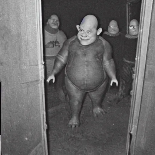 Image similar to old photo of Shrek hidden in a dark basement