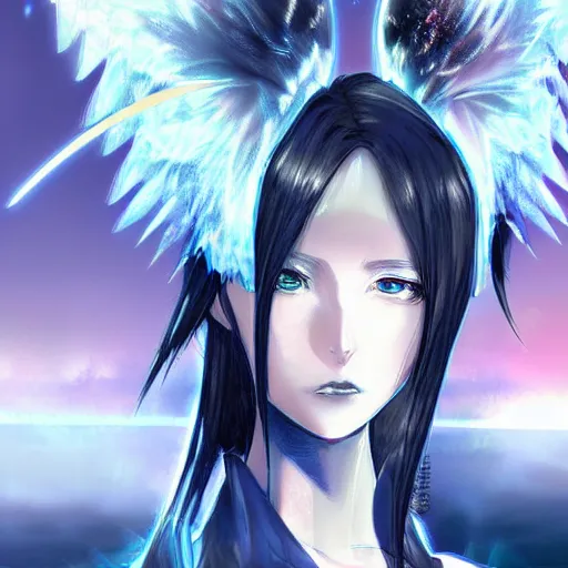 Image similar to digital cyberpunk - anime character - concept art gorgeous small female android cyborg - angel large angelic wings left eye gold right eye silver