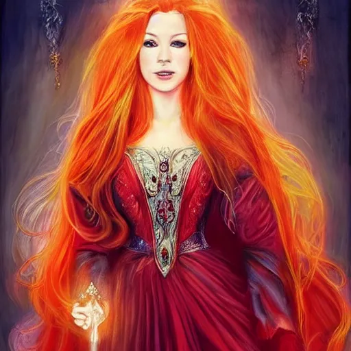 Prompt: Fantastic, fairytale, portrait, painting, beautiful!, female mage, long flowing red hair, light emitting from fingertips, ornate gown, smoldering, serious, royalty kingdom, royal court