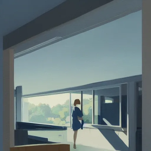 Prompt: farnsworth house painting by atey ghailan,, blue light, character looking back, cinematic, masterpiece