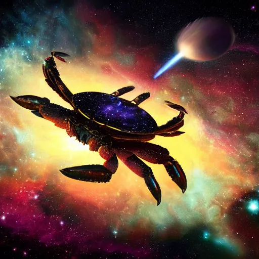 Image similar to a giant crab constellation flying through a nebula by WLOP and tony sart, fantasy art, 4k, HDR, photorealistic, 8k, trending on artstation
