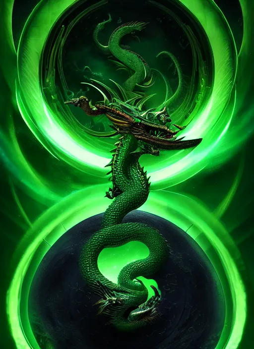 Prompt: portrait of the emerald dragon Ouroboros rotating around the core of the Universe + dim volumetric lighting, 8k octane beautifully detailed render, post-processing, extremely hyperdetailed, intricate, epic composition, grim yet sparkling atmosphere, cinematic lighting + masterpiece, trending on artstation