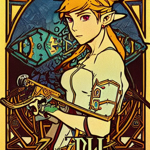 Image similar to a painting of The Legend of Zelda: Breath of the wild by mucha