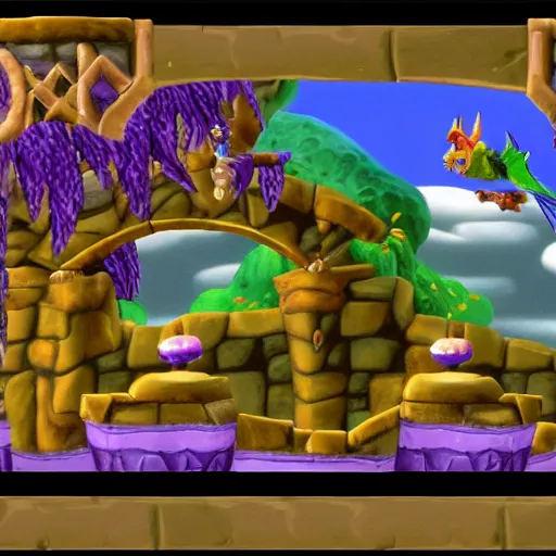 Image similar to screenshot of a griffin bard as an npc in spyro the dragon video game, with playstation 1 graphics, activision blizzard, upscaled to high resolution