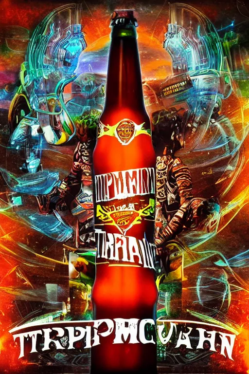 Image similar to photo of a beerbottle, band merchandise, bandname is tripmachine, tourname is invasion of the tripmachines, realistic digital art, label is printed with a 3 d render of a huge futuristic steampunk generator, 8 k, fluorescent colors, halluzinogenic, multicolored, exaggerated detailed, unreal engine