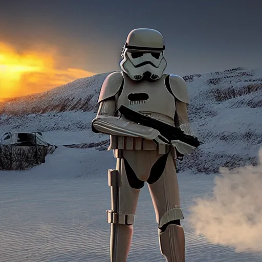 Image similar to A realistic photo with a mixture of Stormtrooper and american soldier, hyper-realistic, 8K HDR, sunset