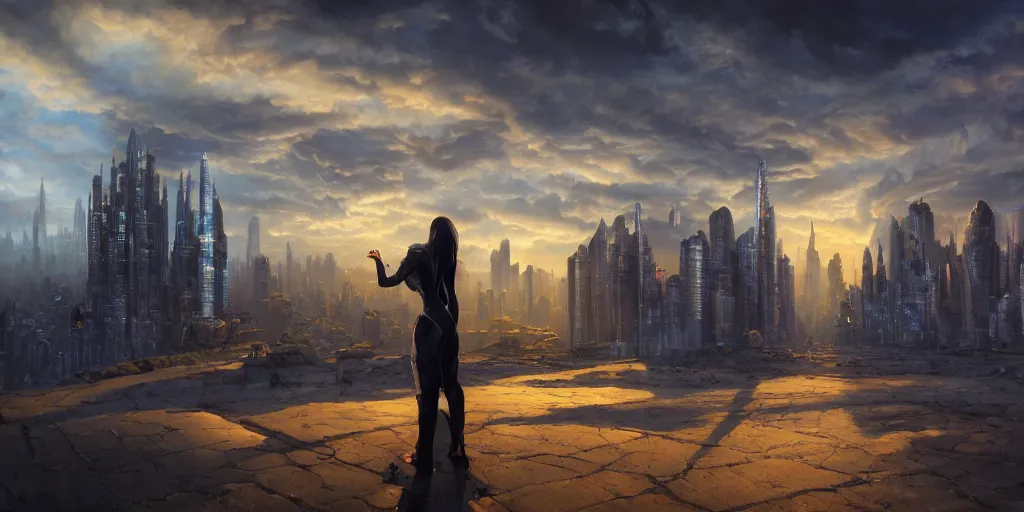 Image similar to fantasy oil painting, ultra futuristic, megalithic buildings, looming, billboards, advertisements, small buildings, warm lighting, street view, daytime, silhouetted figure standing overlooking the city, distant mountains, bright clouds, luminous sky, cinematic lighting, michael cheval, michael whelan, artstation, oil painting, vray, 8 k hd