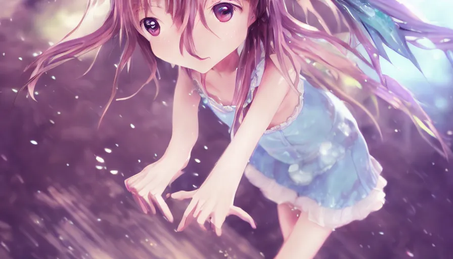 Image similar to cute anime girl by wlop, detailed eyes, heterochromia, bright eyes, full body shot, wide angle, posing, happy expression, short minidress, light clothing, light rain, hyper real, detailed digital art, hatsune miku, photorealistic