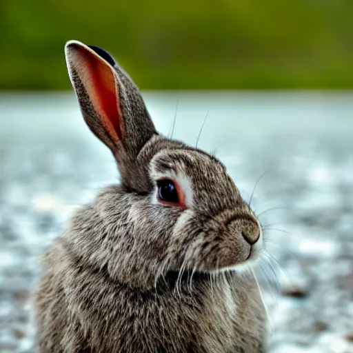 Image similar to a rabbit eating edelweiss on a mountain lake, close - up shot