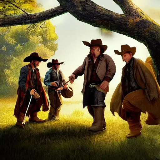 Prompt: hobbits wearing cowboy hats hiring under a tree from wraiths, artstation digital art