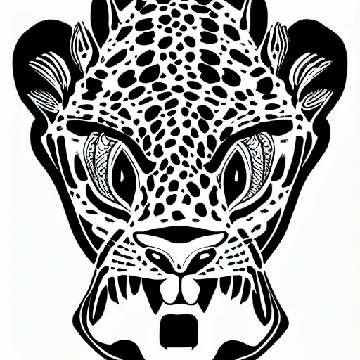 Image similar to jaguar head tattoodesign, frontview, black and white, white background. very detailed ink drawing, fine lineart, extremely detailed