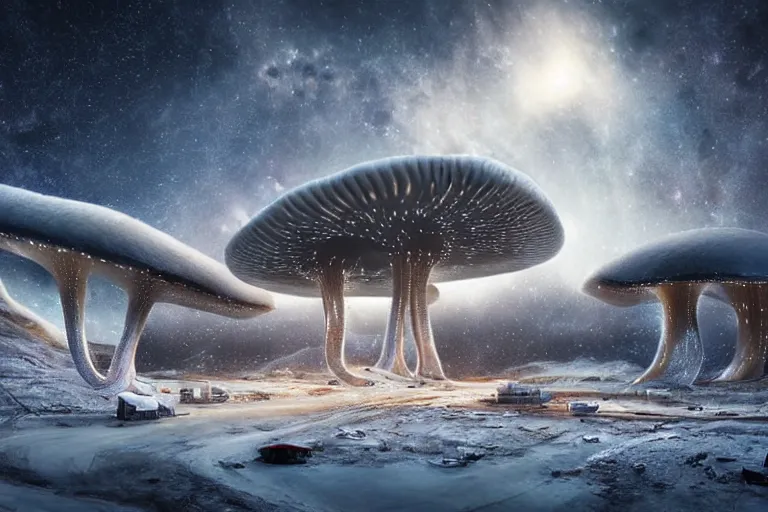 Image similar to favela twisting spaceship fungus, snowy arctic environment, industrial factory, bright, milky way, award winning art, epic dreamlike fantasy landscape, ultra realistic,