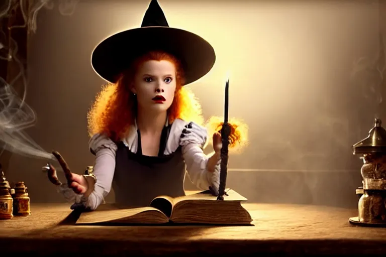 Image similar to close up portrait, dramatic lighting, teen witch calmly pointing a magic wand casting a spell over a large open book on a table with, short hair, cat on the table in front of her, sage smoke, a witch hat cloak, apothecary shelves in the background, still from alice in wonderland and peter pan