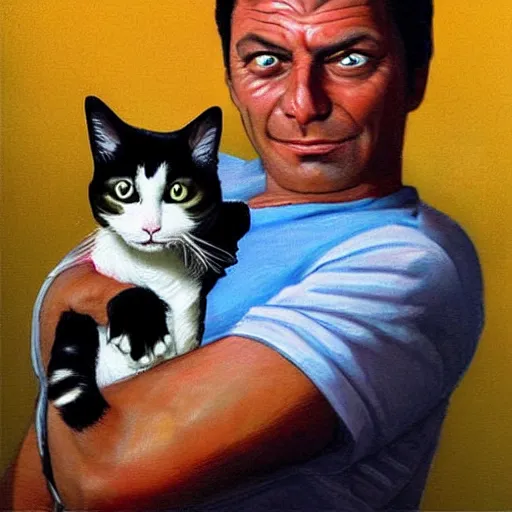 Prompt: Tommy vercetti holding a cat highly detailed portrait photo