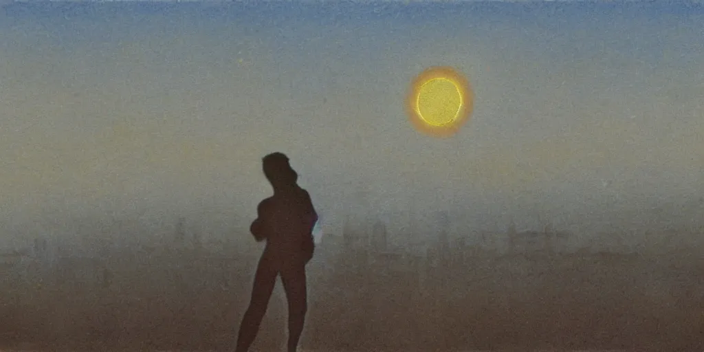 Prompt: grainy vintage 70s autochrome painting of a solar eclipse in the sky. the city of ancient babylon below in the distance. the city is on fire. full-body silhouette of a single observer in the foreground. the figure is an ancient Hellenistic athletic man in soft focus with hazy outlines. the scene is painted with thick impasto paint. chromatic aberration