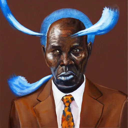 Image similar to a painting of a fatherly wide forehead, round face, XXL , loving, caring, generous, ever-present, humble, wise elder from Kenya in a suit by Wangechi Mutu . Fatherly/daddy, focused, loving, leader, relaxed, ethereal blue heavenly lights, details from behind, smooth, sharp focus, illustration, realistic, cinematic, artstation, award winning, rgb , unreal engine, octane render, cinematic light, macro, depth of field, blur, red light and clouds from the back, highly detailed epic cinematic concept art CG render made in Maya, Blender and Photoshop, octane render, excellent composition, dynamic dramatic cinematic lighting, aesthetic, very inspirational, arthouse.